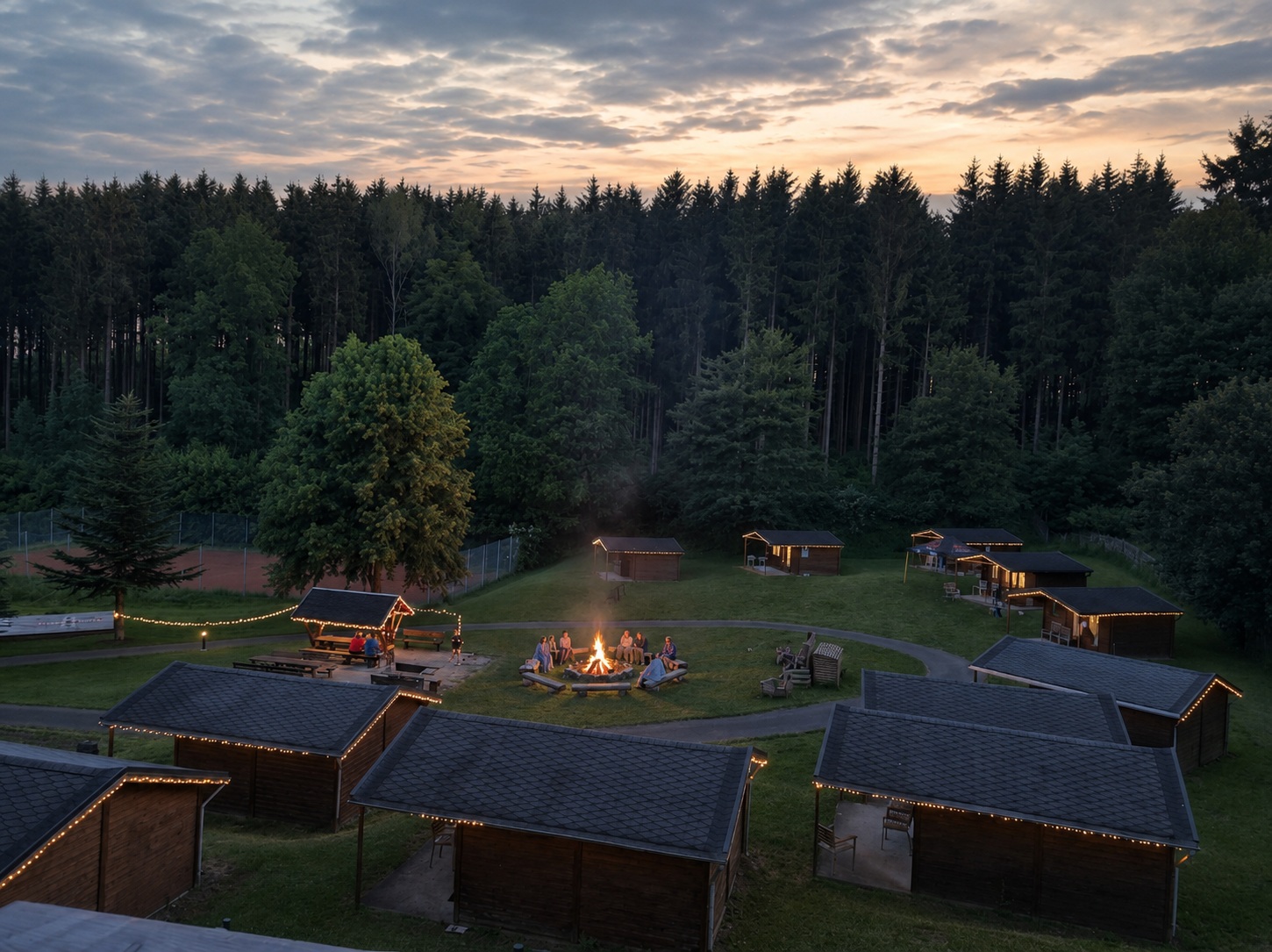 Blockhütten am Kegelsberg bei Abendstimmung mit Feuerstelle