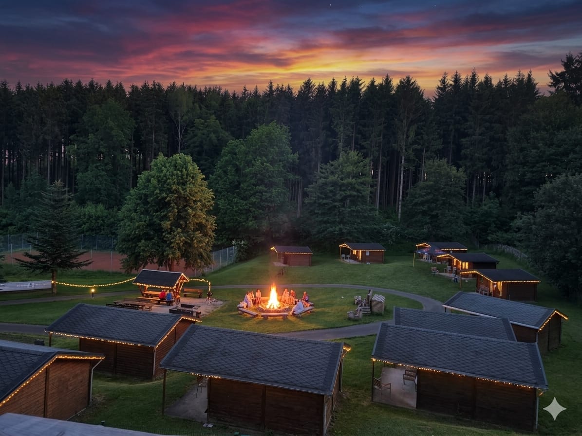 Blockhütten am Kegelsberg bei Abendstimmung mit Feuerstelle