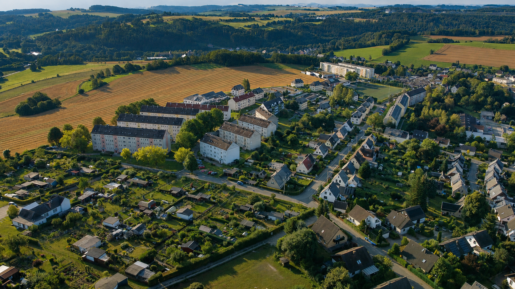 Blick über die Wohngebiete der GEWO in Gelenau und die grüne Umgebung